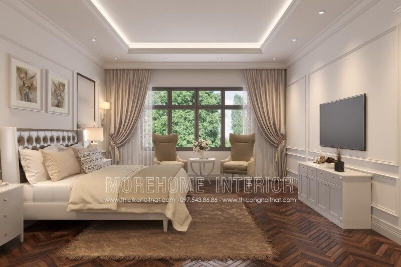 Nội thất phòng ngủ hiện đại kết hợp với chất liệu gỗ công nghiệp phun sơn trắng bệt cao cấp tạo nên sự thanh thoát và sang chảnh hơn