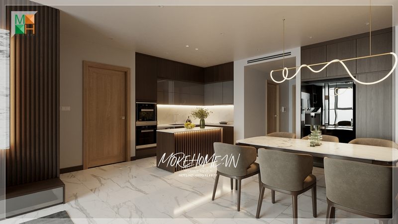 Phòng ăn liền bếp căn hộ được xem là giải pháp hiệu quả cho không gian không được rộng nội thất trang trí hợp lí mang lại sự tiện nghi trong sử dụng và thẩm mỹ cao cho không gian