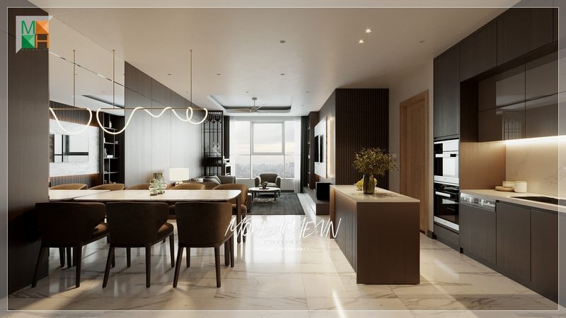Chung cư thiết kế phòng ăn liền phòng bếp mang phong cách hiện đại nội thất tiện nghi sử dụng thoải mái hằng ngày.