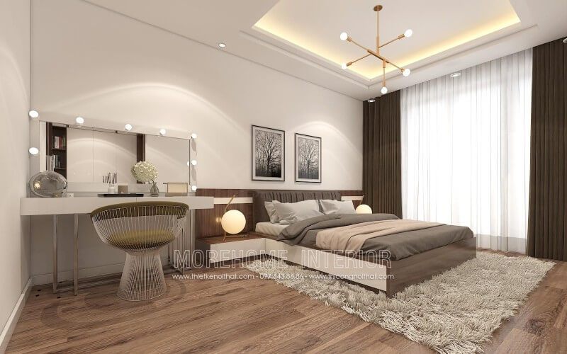 Giường ngủ chung cư hiện đại gỗ công nghiệp với tone màu nâu chủ đạo mang đến cho gia chủ cảm giác ấm cúng và thoải mái