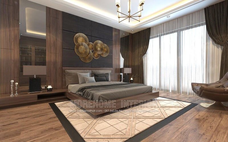 Lựa chọn tone màu nâu trầm ấn tượng, giường ngủ gỗ công nghiệp khơi gợi cảm giác ấm cúng và thư thái nhất cho người nằm trên đó