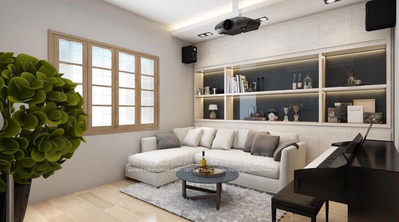 Thiết kế mẫu sofa góc L bọc da màu trắng sang trọng, tạo điểm nhấn.