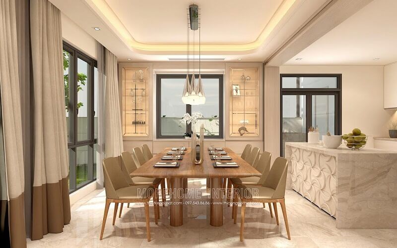 Ấn tượng với bộ bàn ăn gỗ cao cấp với những đường vân tinh tế, đường nét đơn giản cuốn hút tạo điểm nhấn nổi bật cho căn phòng