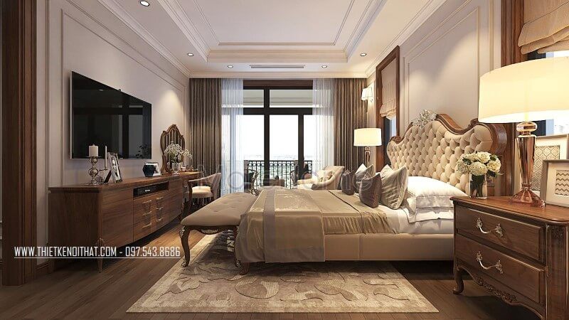 Mẫu kệ tivi gỗ óc chó cao cấp trong phòng ngủ biệt thự vinhomes greenbay tại hà nội