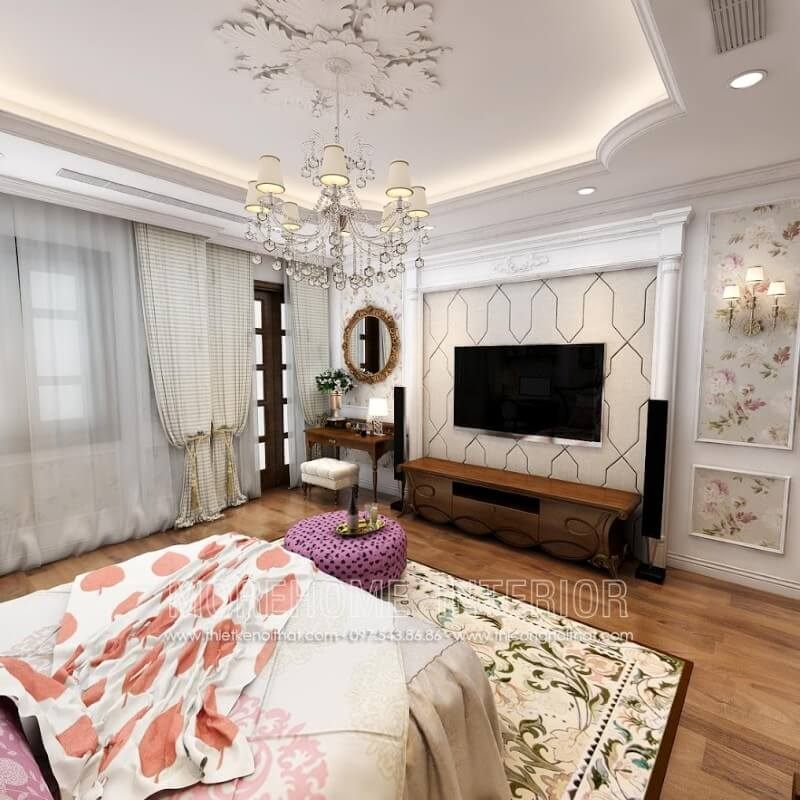 Kệ tivi gỗ óc chó kiểu dáng tân cổ điển này được khách hàng lựa chọn nhiều trong trang trí phòng ngủ cũng như thiết kế nội thất phòng ngủ biệt thự