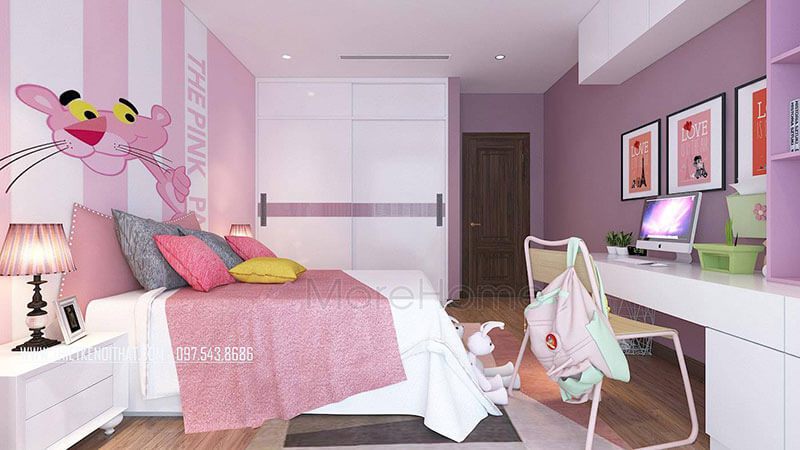 Trang trí phòng ngủ bé gái với đồ nội thất tủ quần áo, kệ sách gỗ công nghiệp màu hồng dễ thương, sang chảnh
