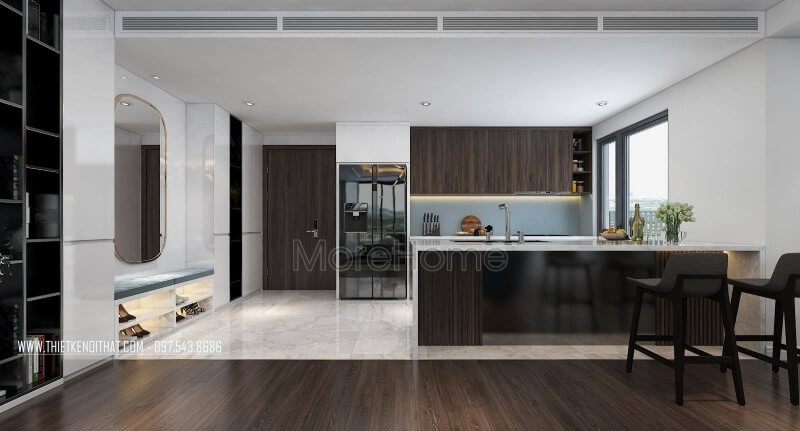 Sử dụng đá nhân tạo ốp bàn bếp, quầy bar mang đến không gian bếp chung cư thực sự an toàn và thẩm mỹ