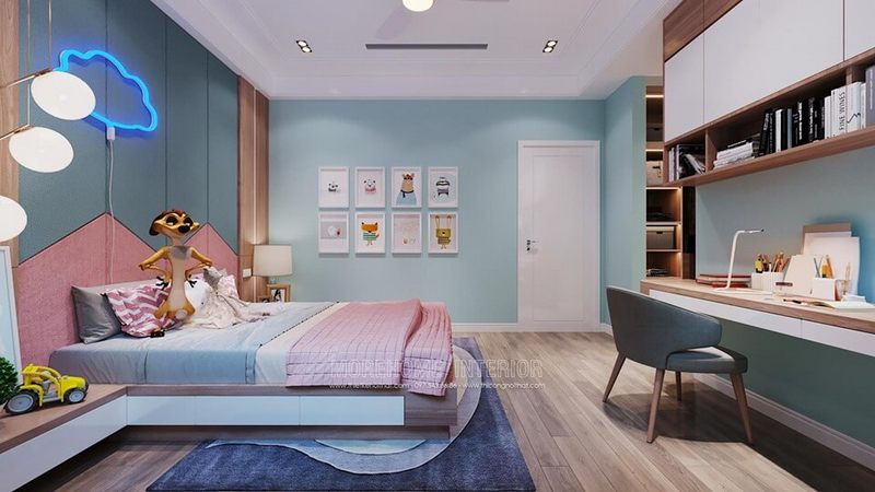 . Mẫu thiết kế nội thất cho phòng trẻ em được làm mới bằng gam màu sắc nhẹ nhàng và tinh tế, giúp trẻ có được môi trường sinh hoạt và học tập tốt hơn.