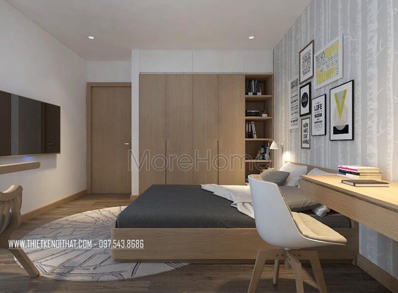 Không gian này được đặc biệt nhấn mạnh bởi sự kết hợp giữa mẫu giấy dán tường đầu giường với hoa tiết mới lạ.