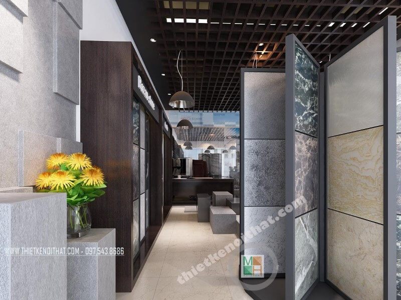Mẫu thiết kế nội thất hiện đại với đá tự nhiên được áp dụng trong showroom có diện tích nhỏ.