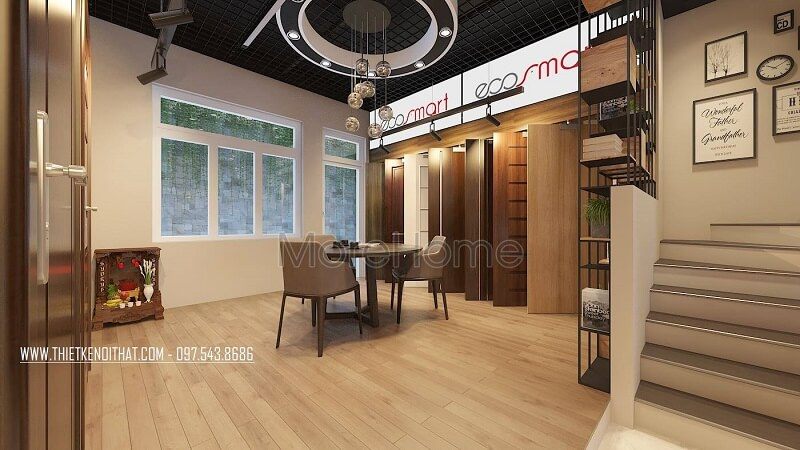 Thiết kế nội thất showroom đẹp sử dụng gỗ công nghiệp ốp sàn gỗ màu sáng mang đến vẻ đep sang trọng cho không gian căn phòng